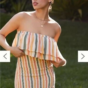 ANTHROPOLOGIE Audrey 3+1 Striped off the Shoulder Strapless Smocked Mini Dress